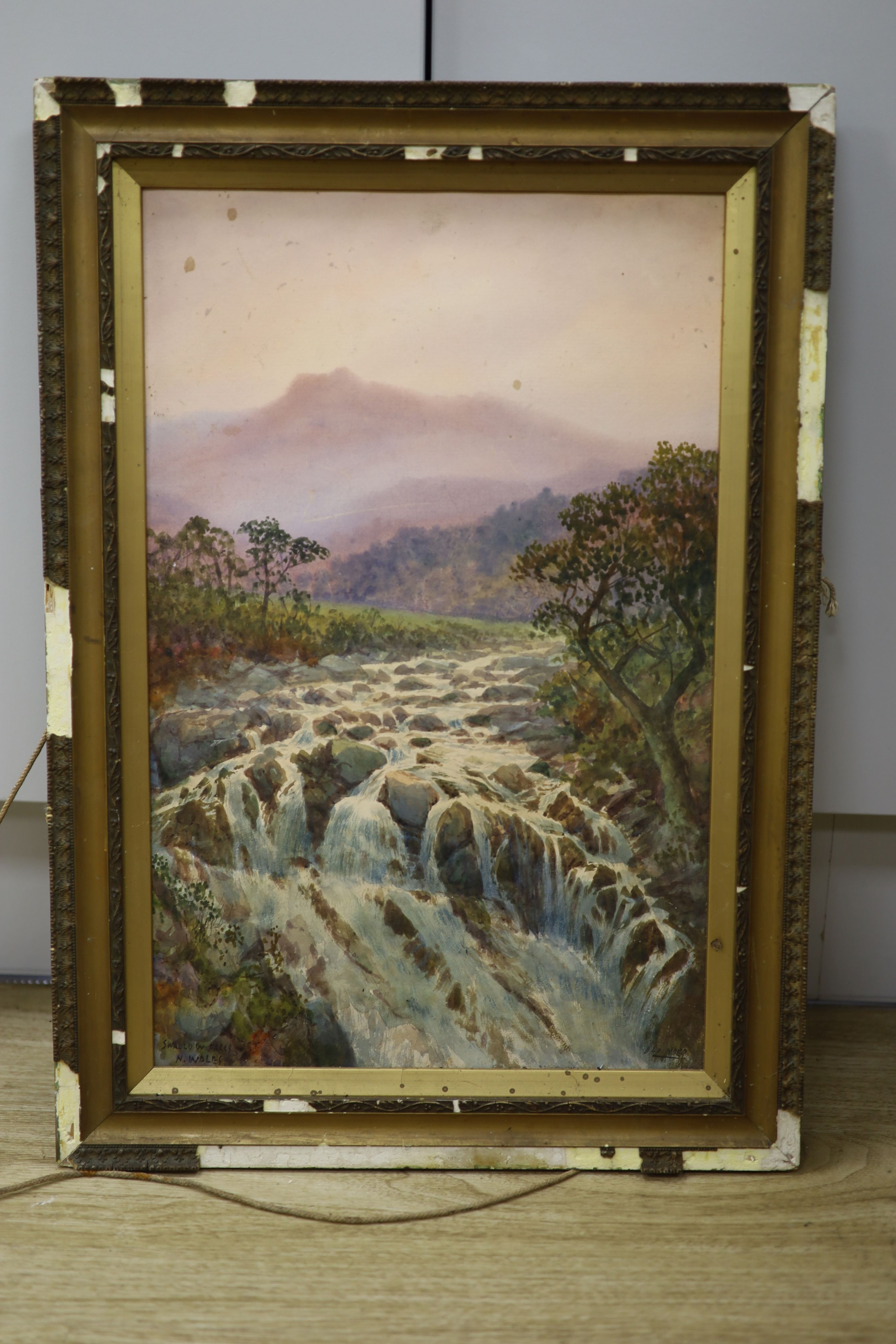 Douglas Houzen Pinder (1886-1949), watercolour, ‘Swallow Falls, N.Wales’, signed, 46 x 29cm. And an F.Hewett watercolour of a farmhouse, 24 x 33cm.